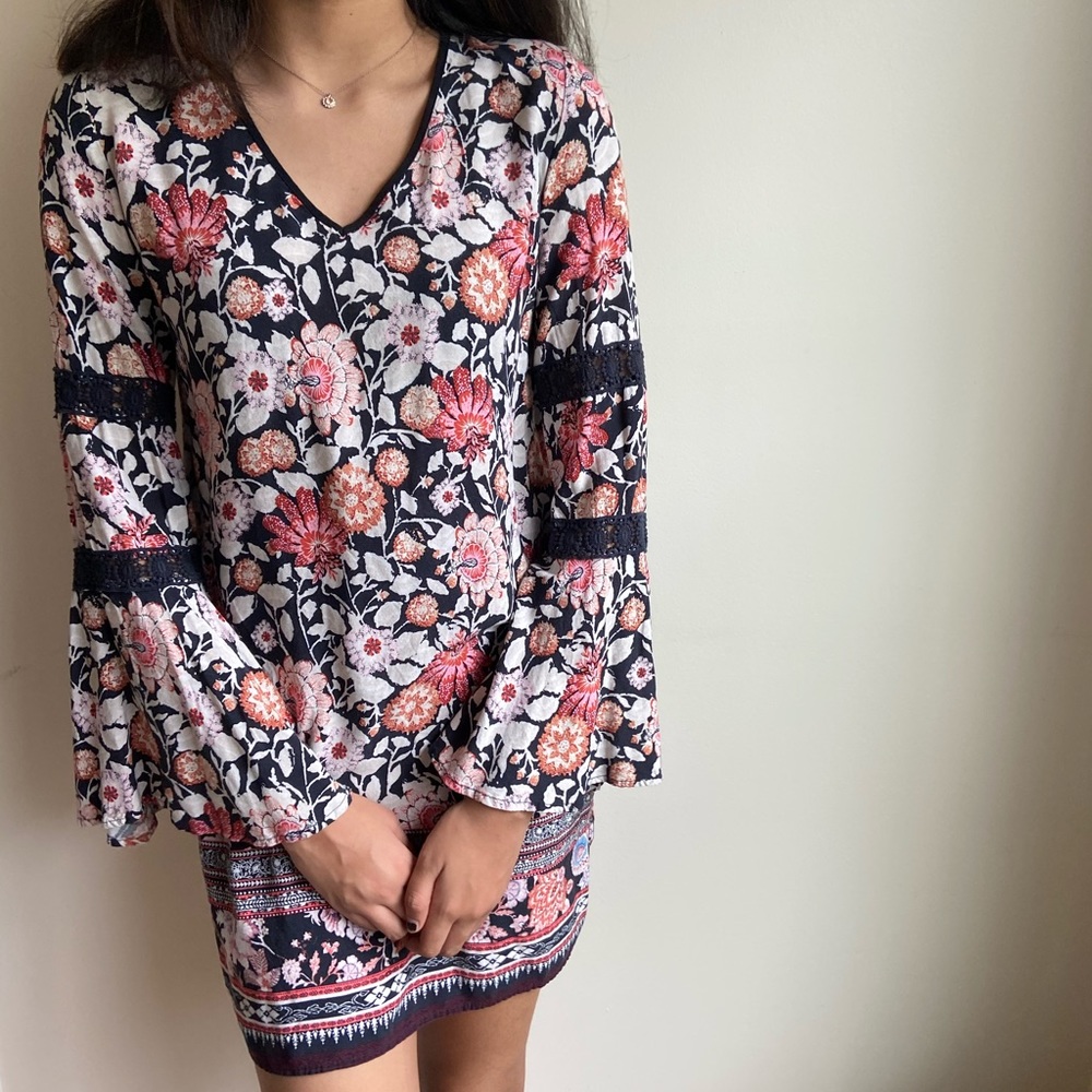 Floral Print Long Sleeve Dress with Bell Sleeves